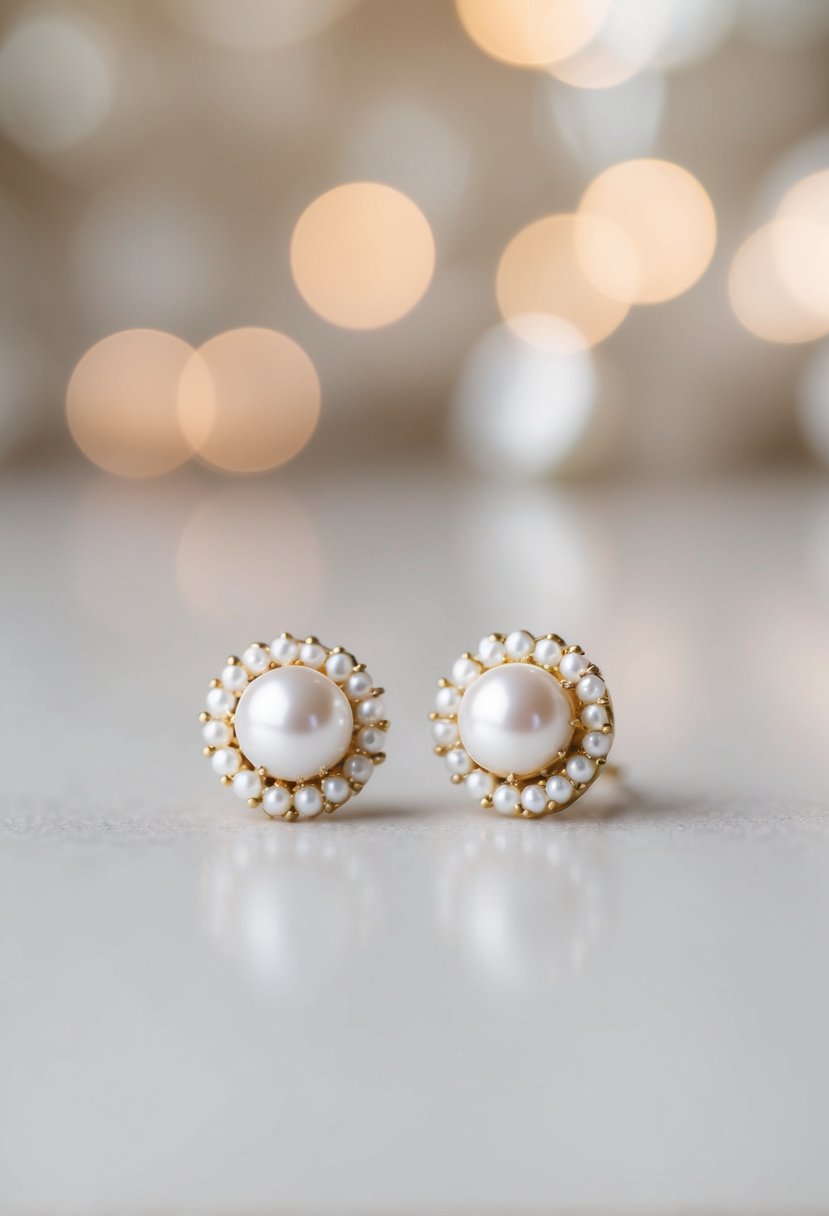 A close-up of elegant pearl-accented stud earrings against a soft, blurred background