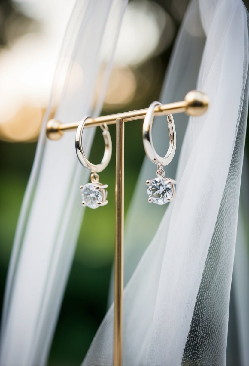 A pair of drop earrings hanging from a jewelry stand, with a wedding veil draped in the background