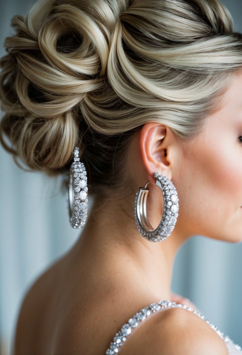 A sparkling pair of diamond hoops dangle from an elegant updo, adding a glamorous touch to a wedding ensemble