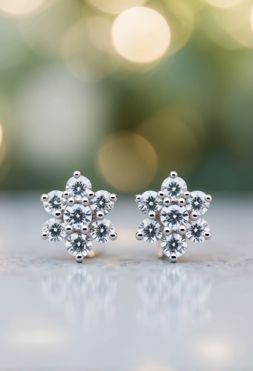 A close-up of cluster stud earrings against a blurred background, evoking subtle elegance for a wedding