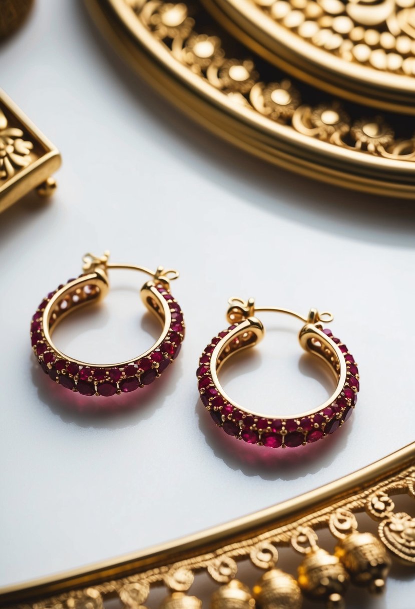 Two minimalist ruby ear cuffs displayed on a white background with Indian wedding motifs