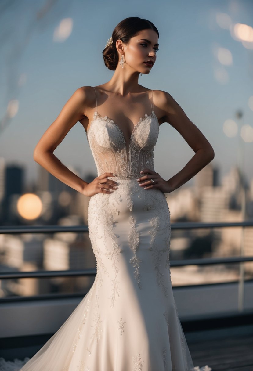 A sleek, form-fitting wedding dress with delicate lace and intricate beadwork