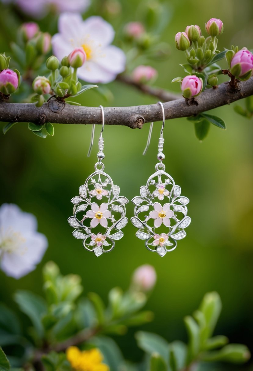 A pair of delicate floral motif earrings hanging from a tree branch, surrounded by blooming flowers and lush greenery