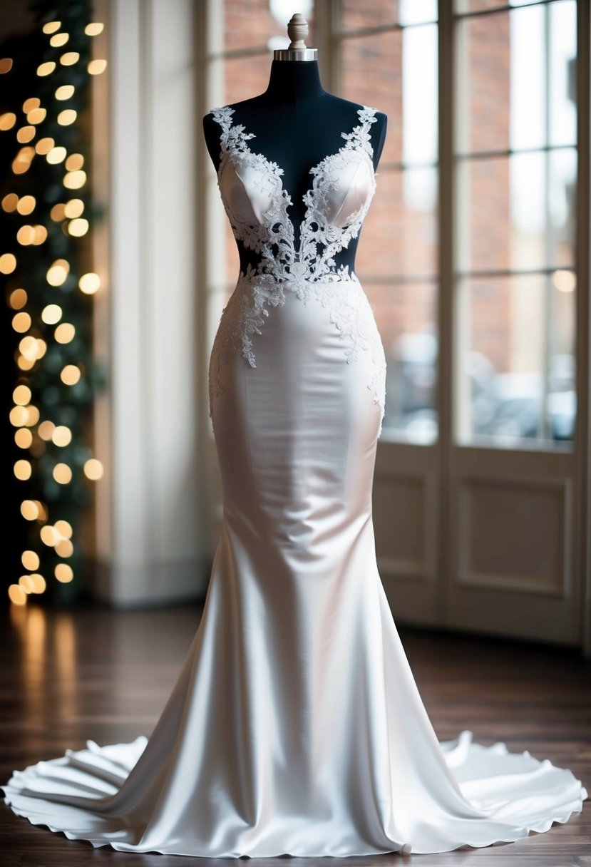 A sleek satin gown hugs the figure, adorned with delicate lace details cascading down the bodice and skirt