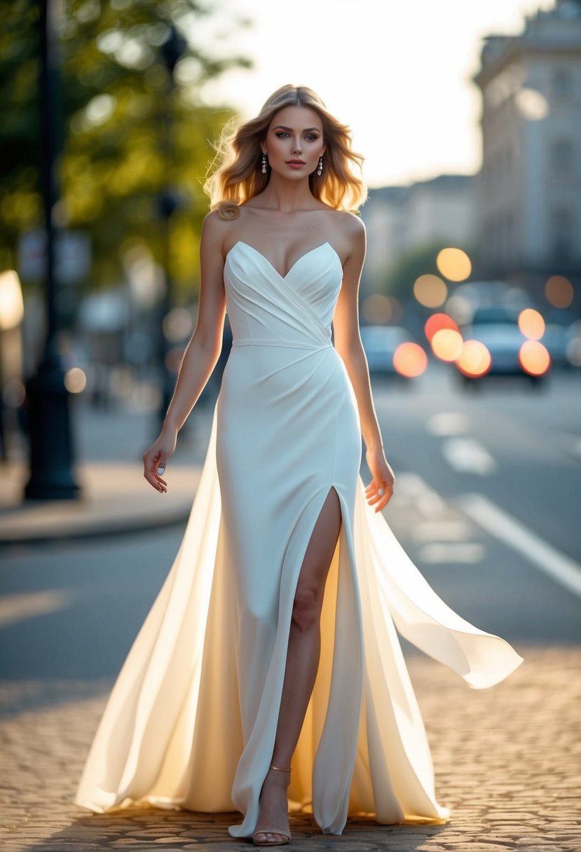 An elegant crepe dress with a side slit flowing in the wind