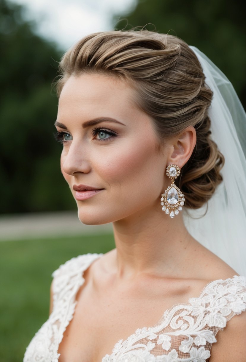 A bride wearing vintage-inspired earrings with her hair up, creating a classic look for a wedding