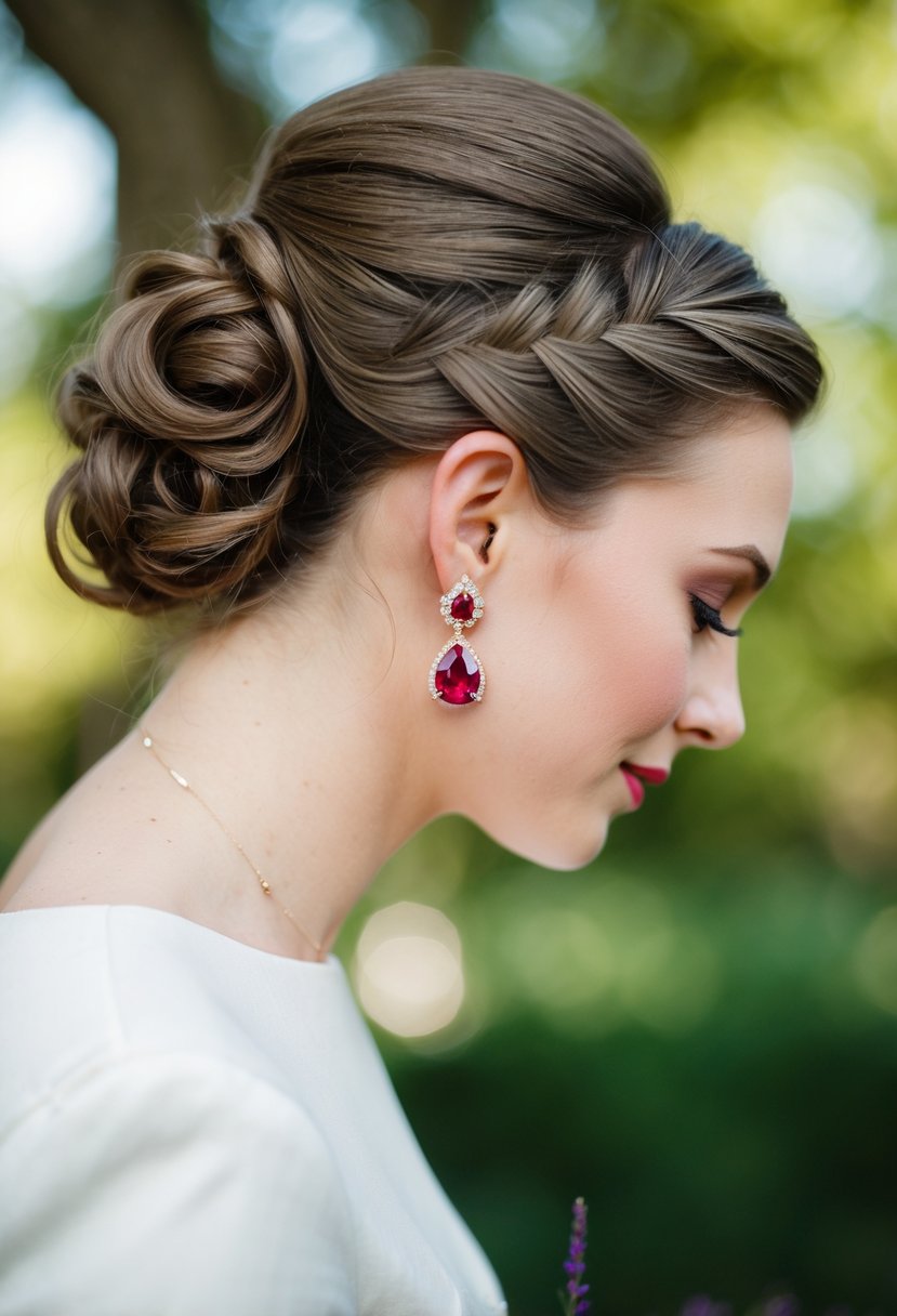 A bride's elegant updo with sapphire and ruby earrings