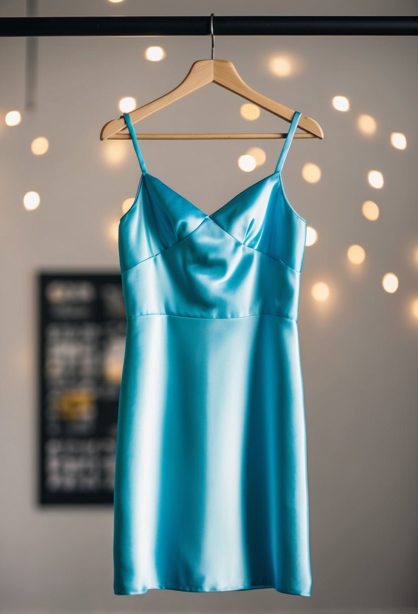 A silk slip dress with spaghetti straps hangs elegantly on a hanger, catching the light and showcasing its sleek and form-fitting design