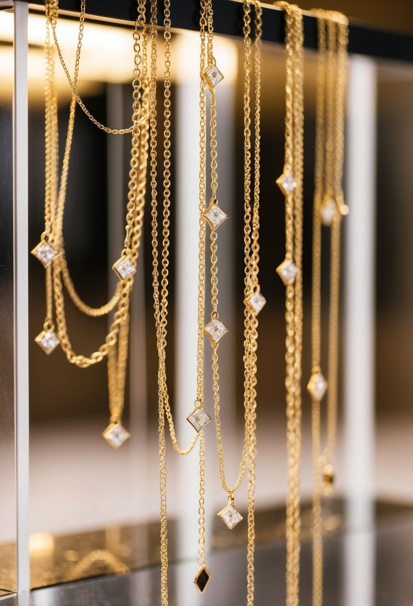 Several delicate gold chains hang from a display, each adorned with small pendants