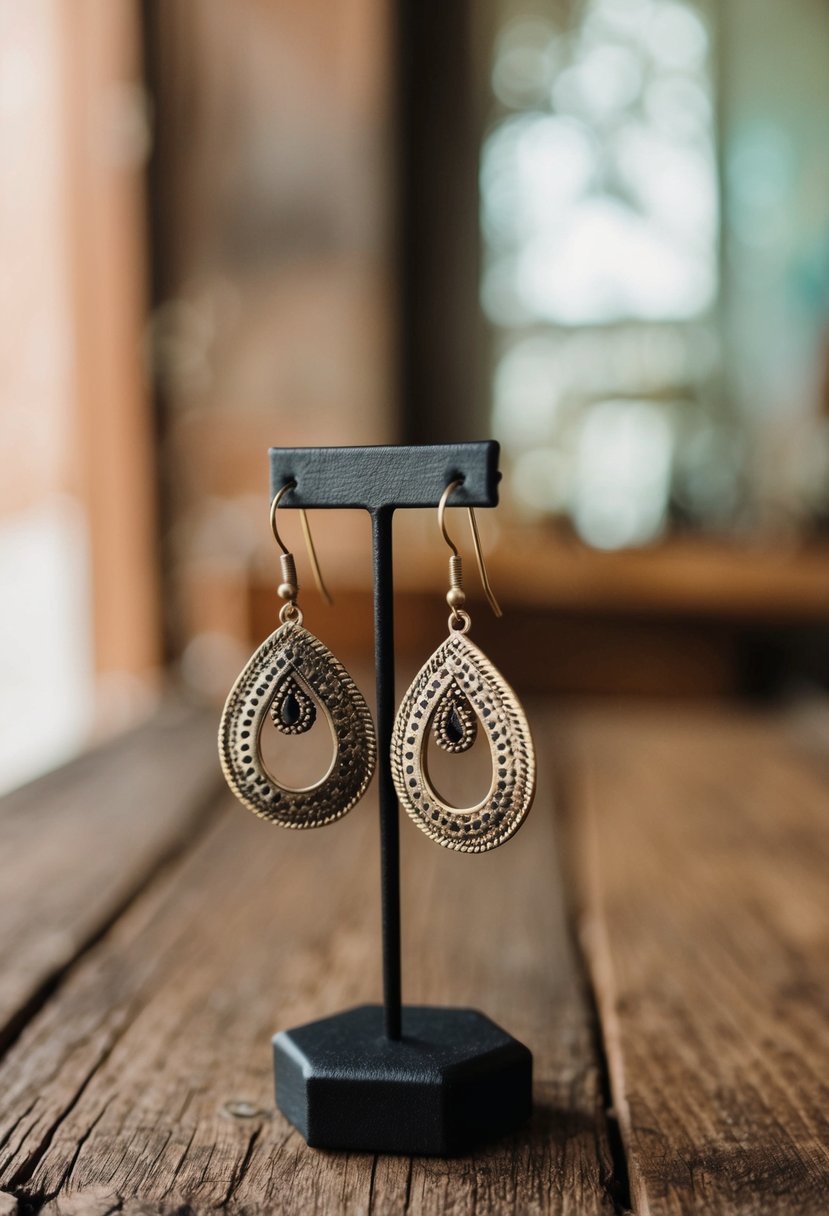 A close-up of handcrafted artisanal earrings displayed on a rustic wooden table, with soft lighting highlighting their intricate details