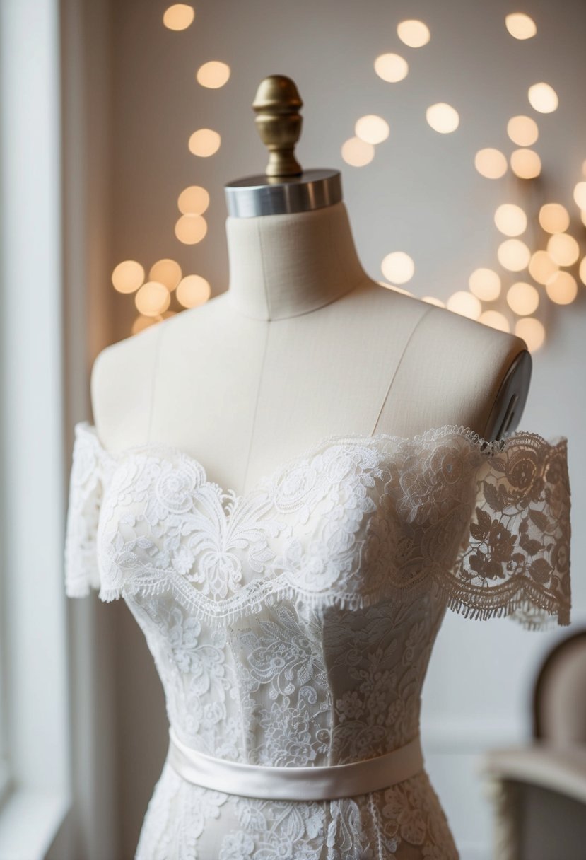 A lace off-shoulder wedding dress draped over a mannequin