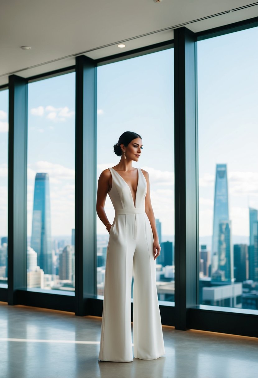 A bride in a jumpsuit wedding dress, standing in a modern, minimalist venue with sleek decor and large windows overlooking a city skyline