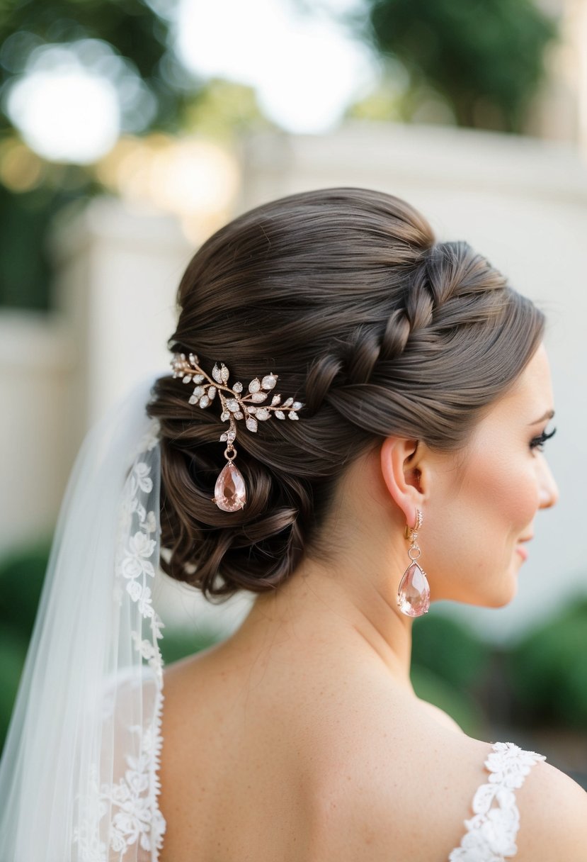 A bride's elegant hair up, showcasing rose gold teardrop earrings