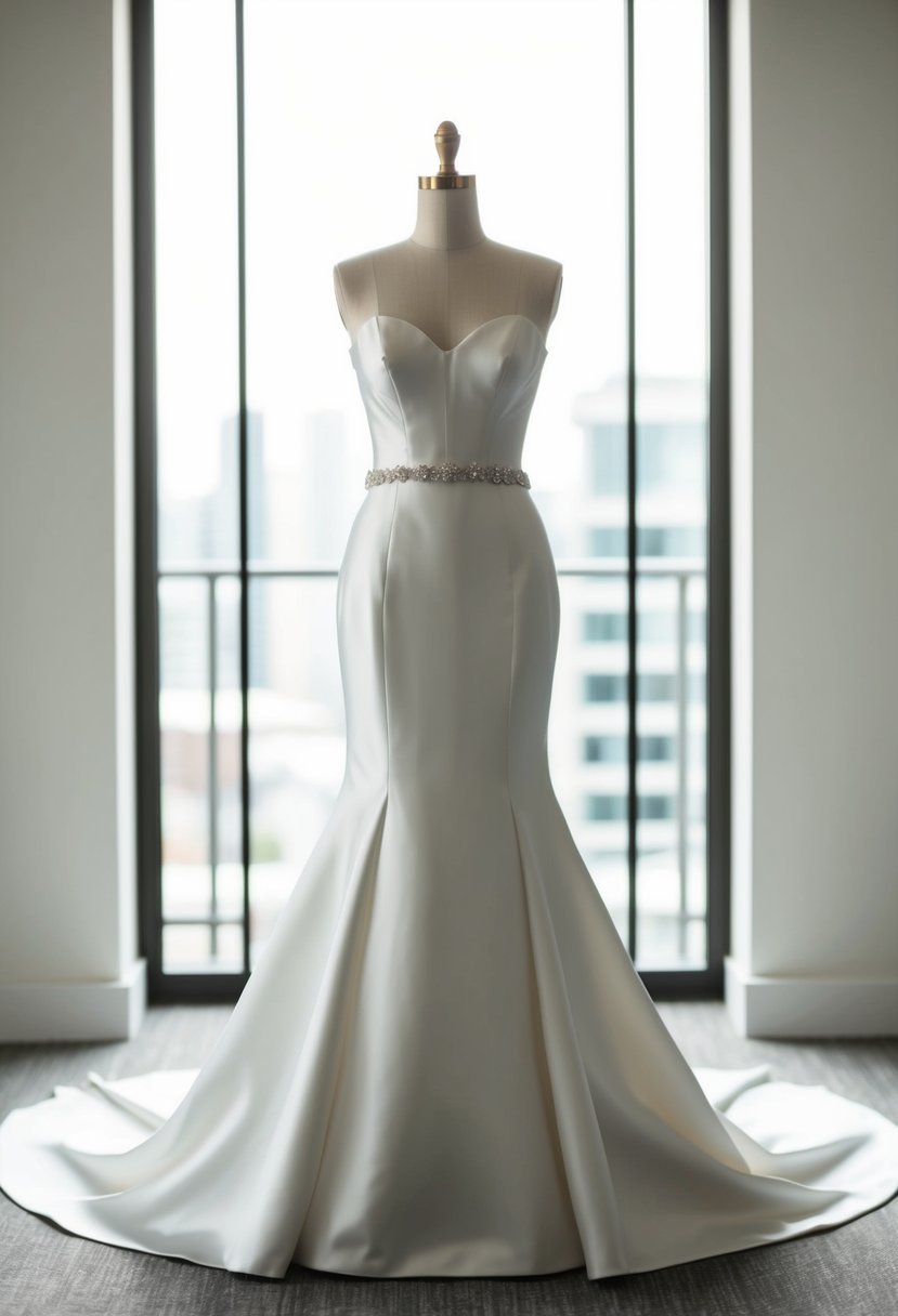 A sleek, fitted wedding dress flares out at the knees, with modern details and clean lines