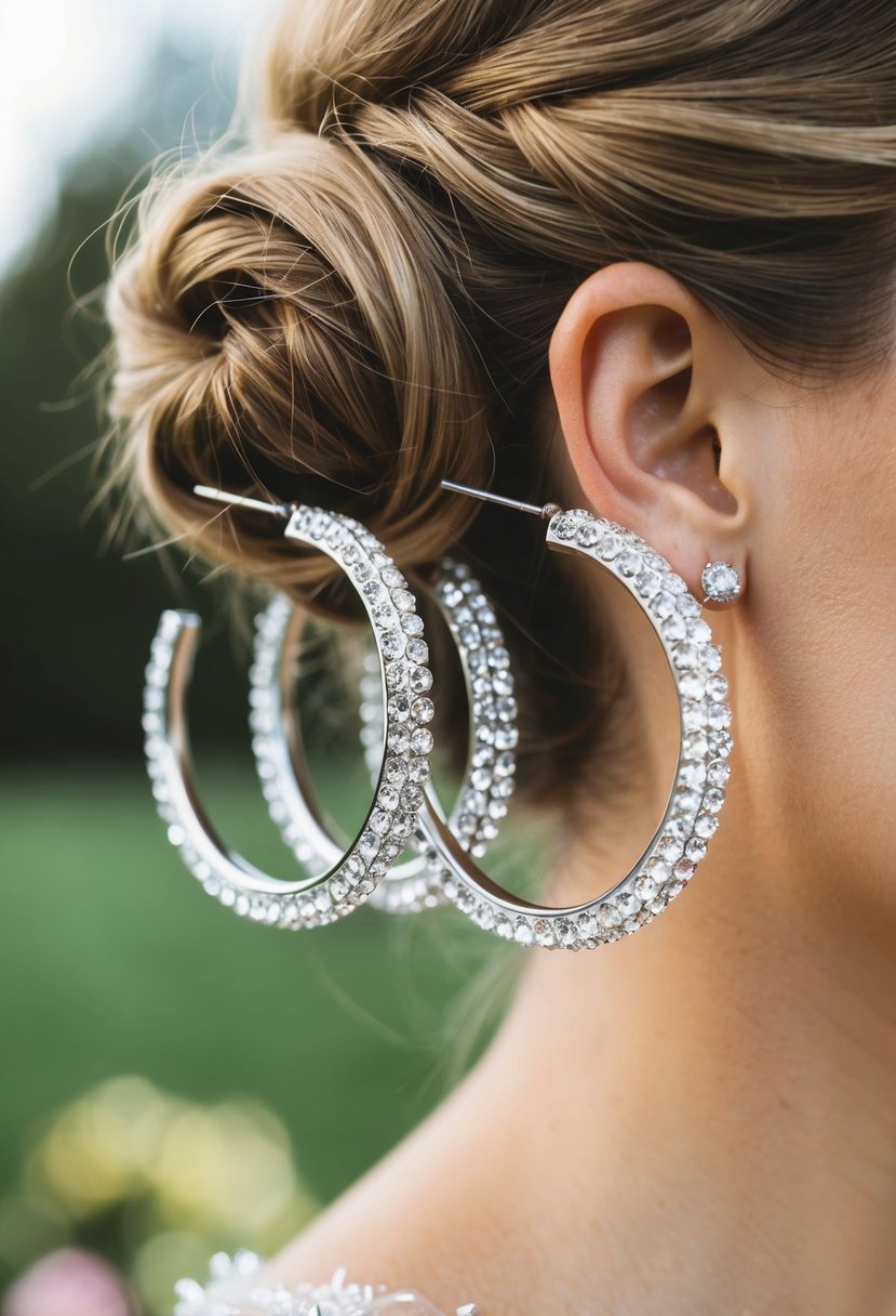 A close-up of crystal-studded hoops dangling from a hair bun, catching the light and adding sparkle to a wedding look