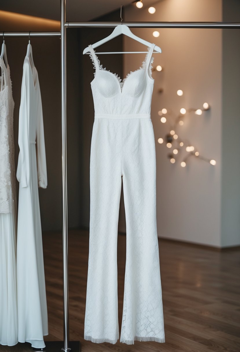 A lace wide-leg bridal jumpsuit hanging on a sleek modern clothing rack