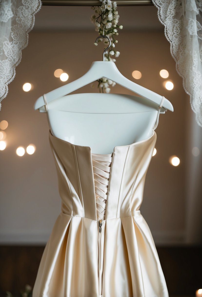 A strapless satin dress with a corset back hangs on a mannequin, surrounded by soft lighting and delicate lace details