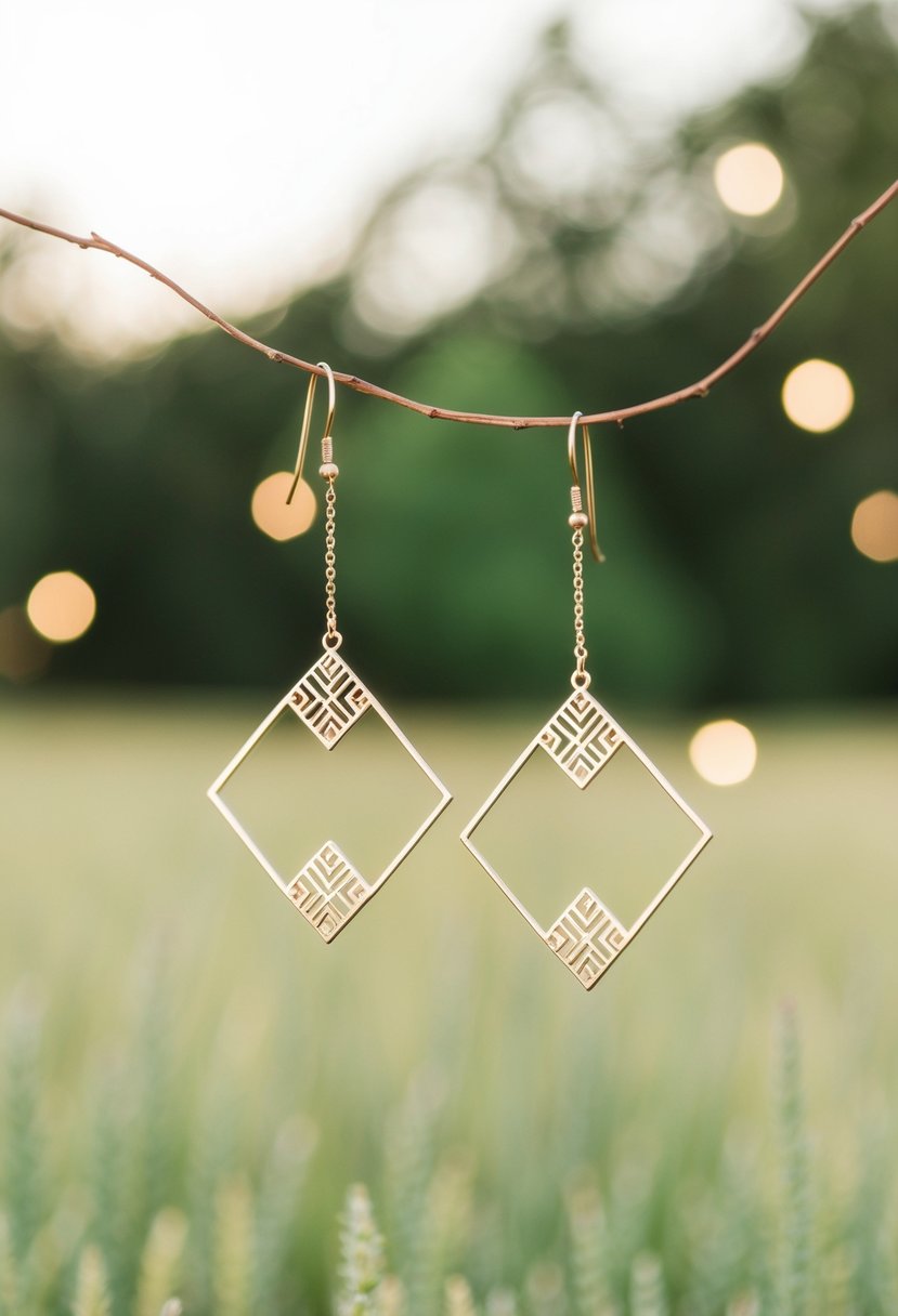 A pair of minimalist geometric wedding earrings floating in the air