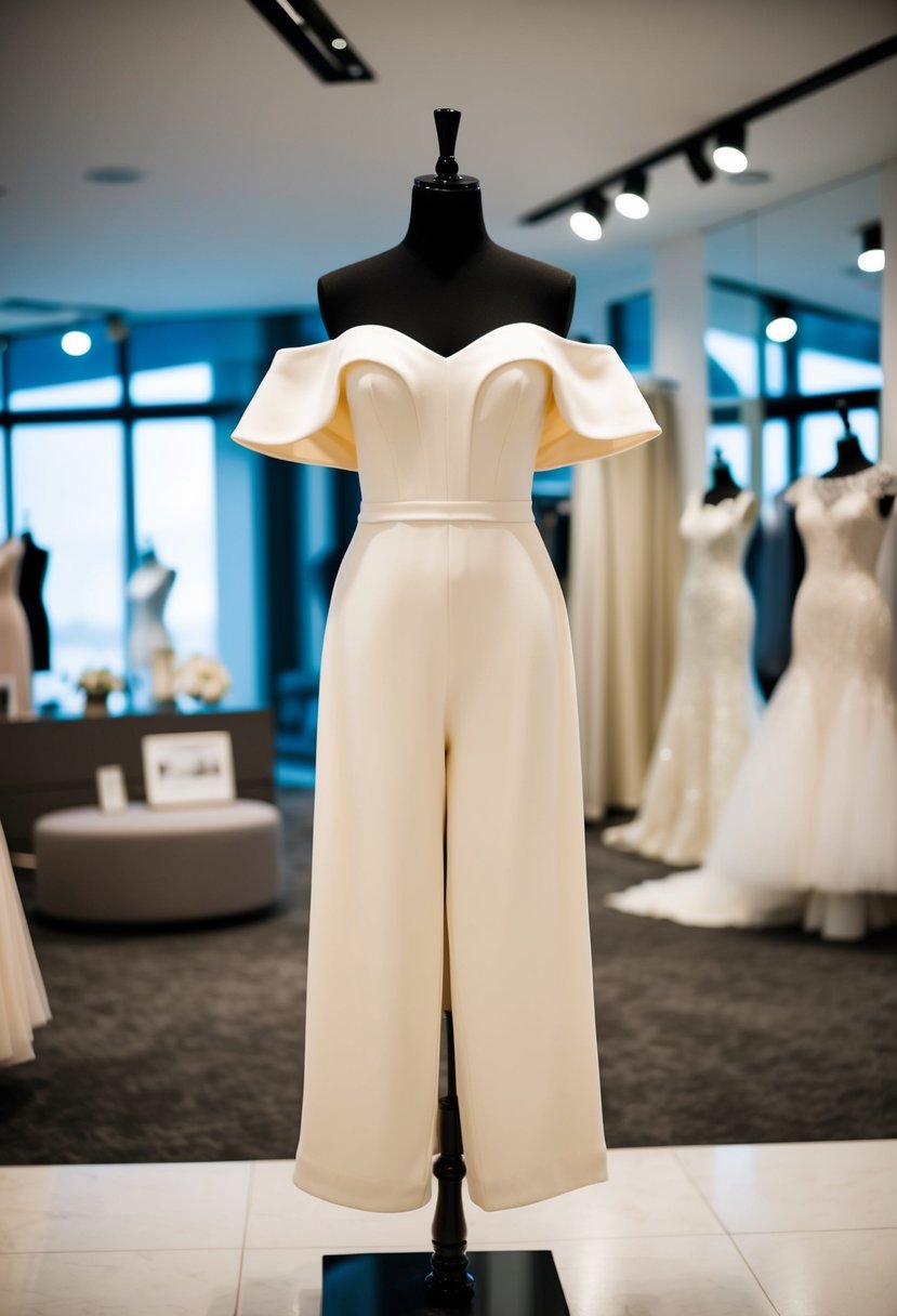 An elegant off-the-shoulder ivory jumpsuit displayed on a mannequin in a modern bridal boutique