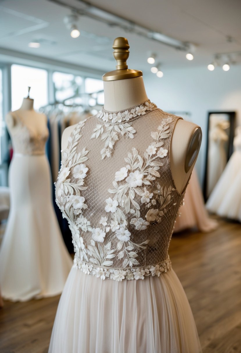 A mannequin wearing a high neck mesh dress with intricate floral appliqué, standing in a softly lit bridal boutique