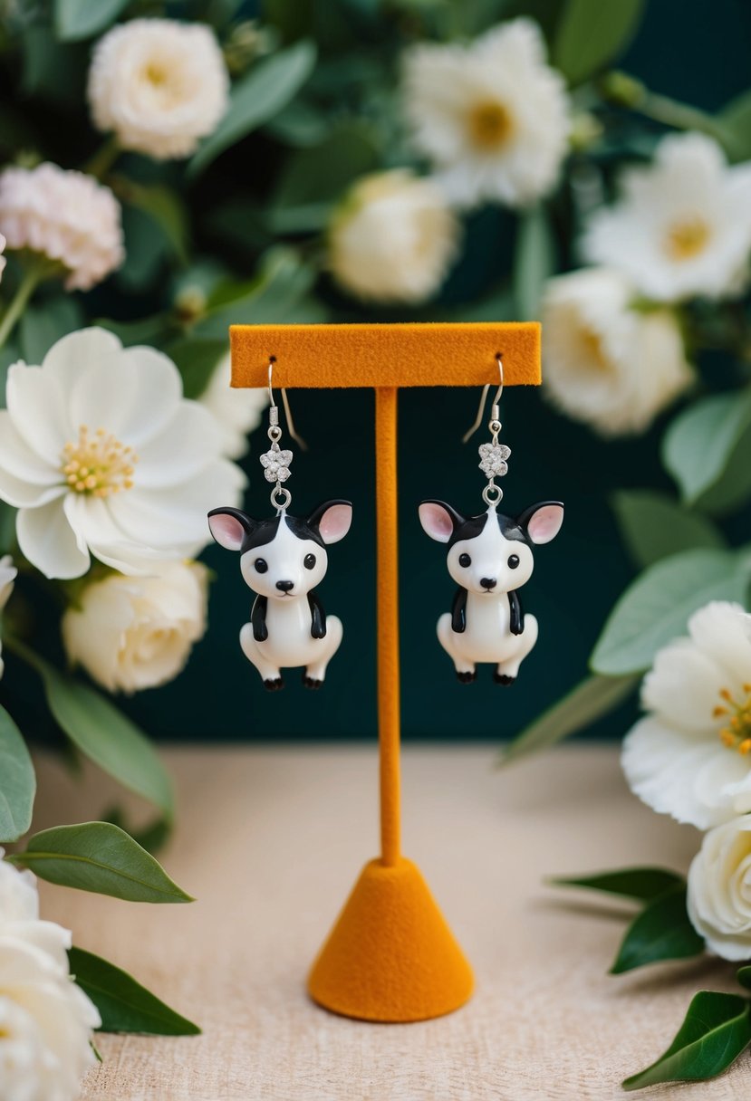 A pair of animal-themed earrings dangle from a display stand, surrounded by delicate flowers and leaves, adding a whimsical touch to a hair-up wedding hairstyle