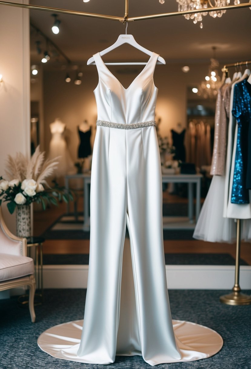 A satin bridal jumpsuit with a train hangs on a mannequin in a chic bridal boutique