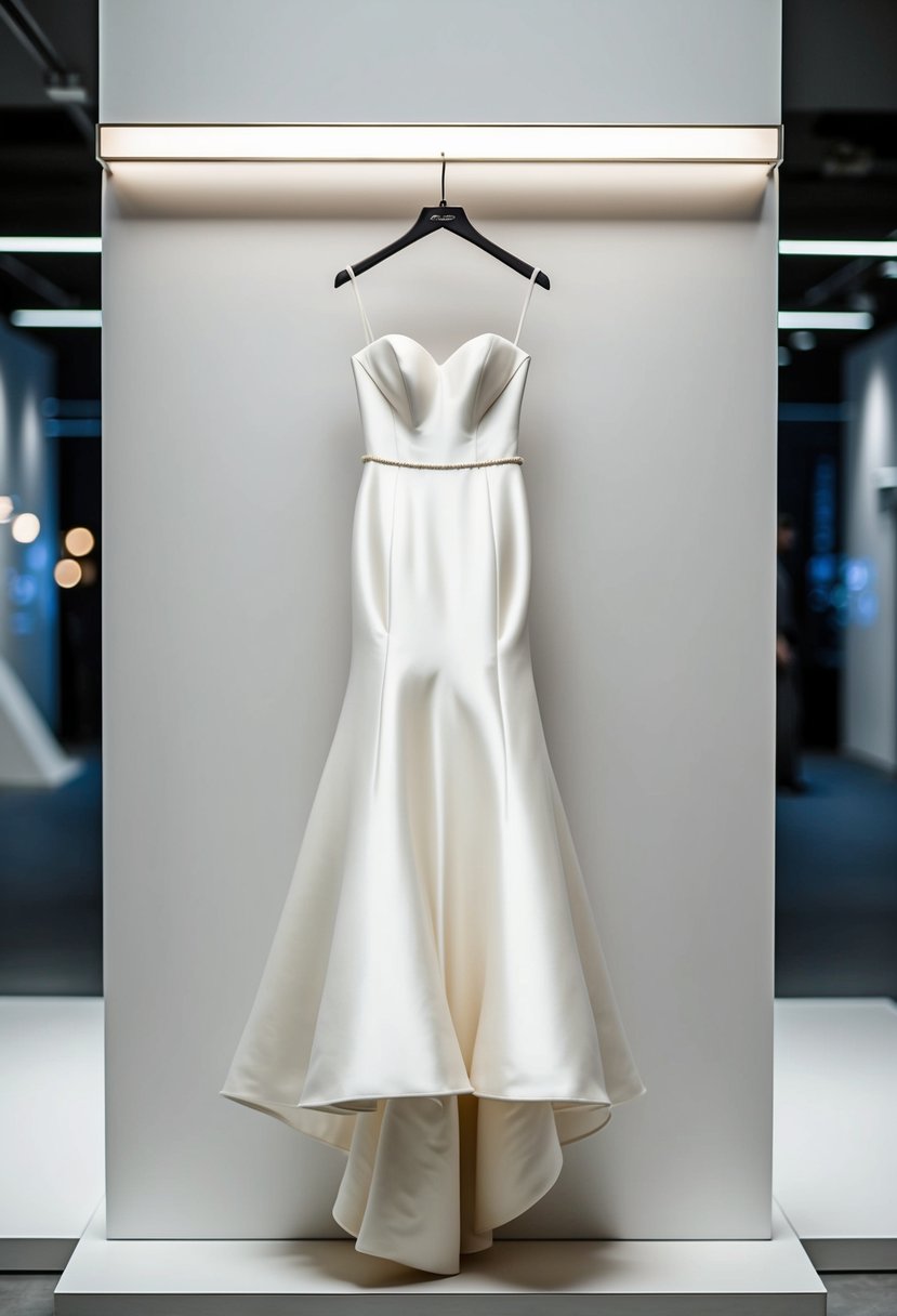 A sleek, form-fitting wedding gown hangs on a minimalist display, with clean lines and a slim silhouette