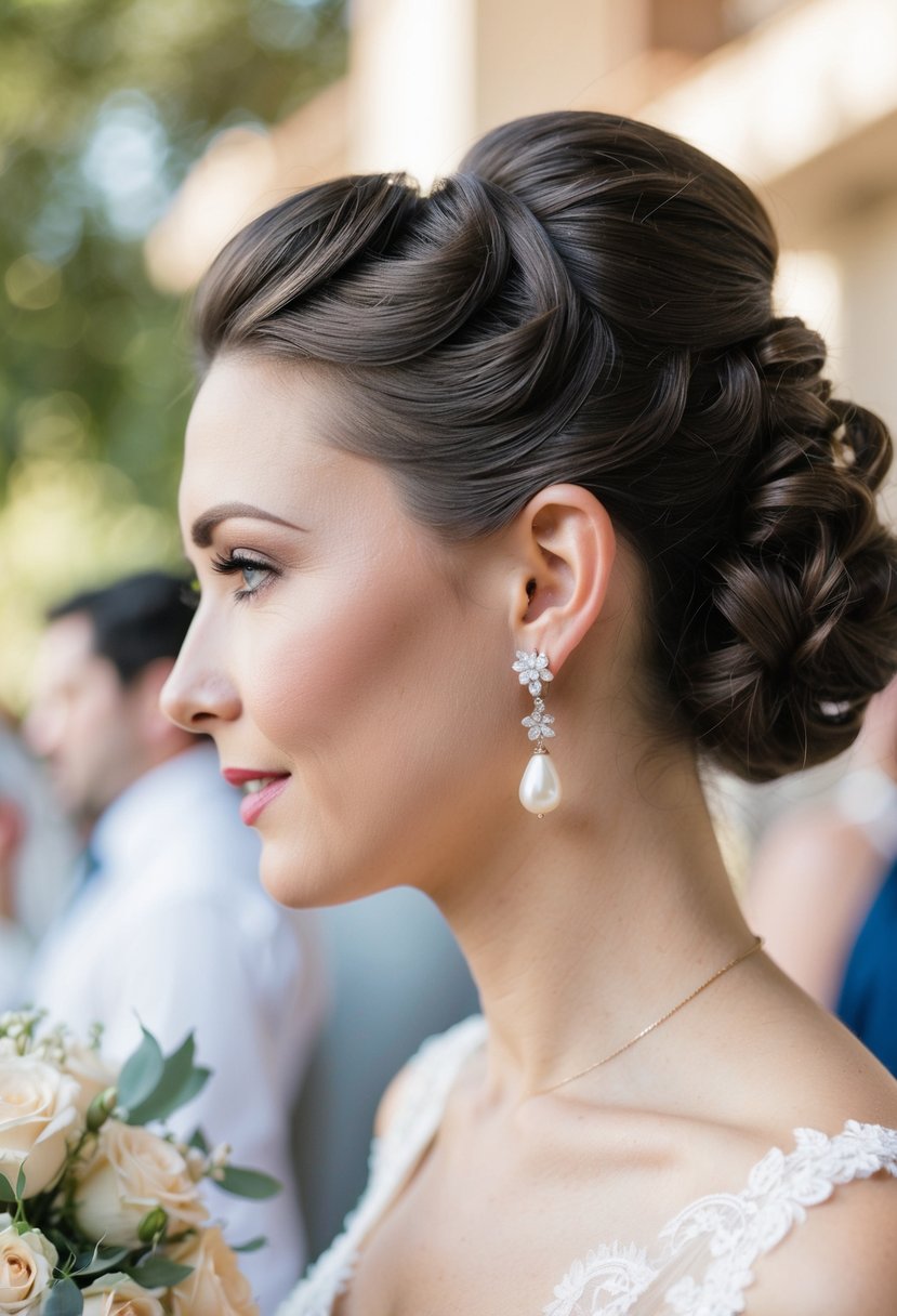 A woman's elegant profile with hair in an updo, adorned with pearl drop earrings, exuding timeless elegance at a wedding