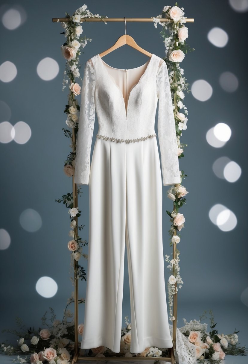 An ivory long-sleeve bridal pantsuit hangs on a dress form, surrounded by delicate lace and floral accents