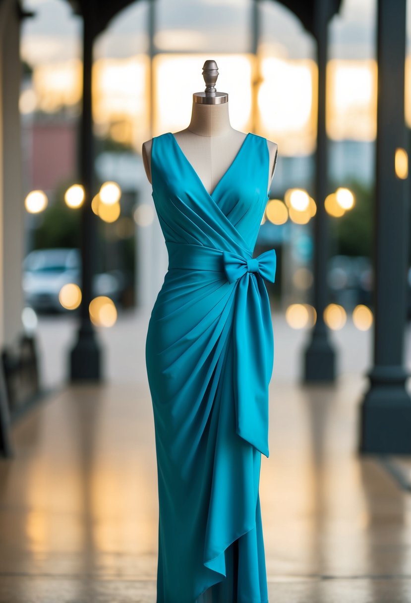 A body-hugging wrap dress with a bow detail, cinched at the waist, flowing fabric draping gracefully to the floor