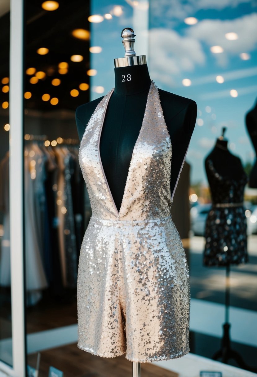 A sparkling sequin halter wedding jumpsuit on a mannequin in a boutique window display