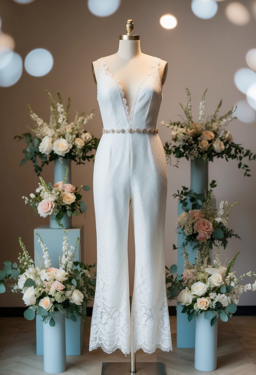 A lace-adorned jumpsuit set displayed on a mannequin, surrounded by delicate bridal accessories and floral arrangements