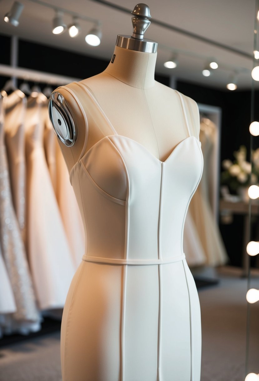 A mannequin wearing a sheer panel dress with sleek lines, illuminated by soft lighting in a modern bridal boutique