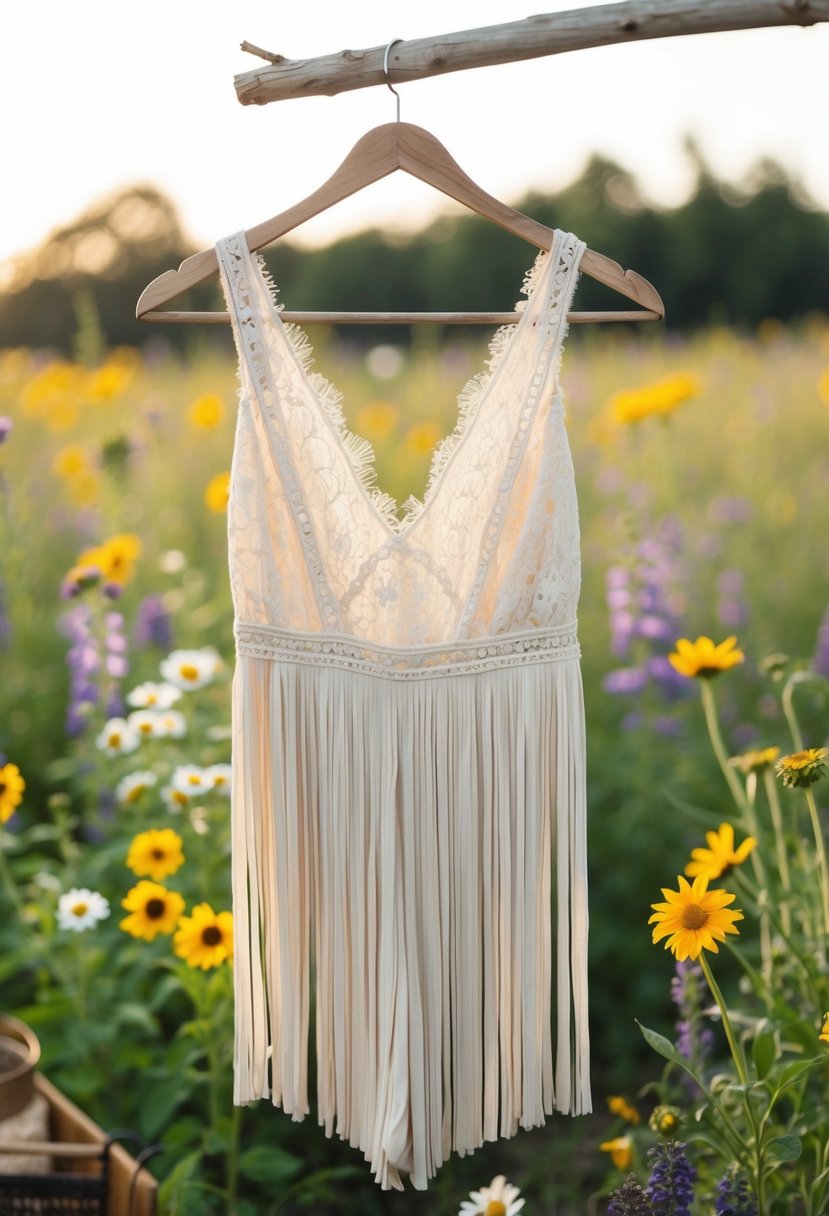 A bohemian lace jumpsuit with fringe hangs on a rustic wooden hanger, surrounded by wildflowers and vintage accessories