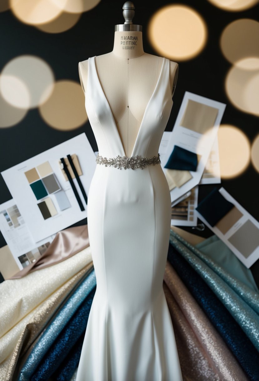 A plunging V-neck fitted gown on a mannequin, surrounded by fabric swatches and design sketches