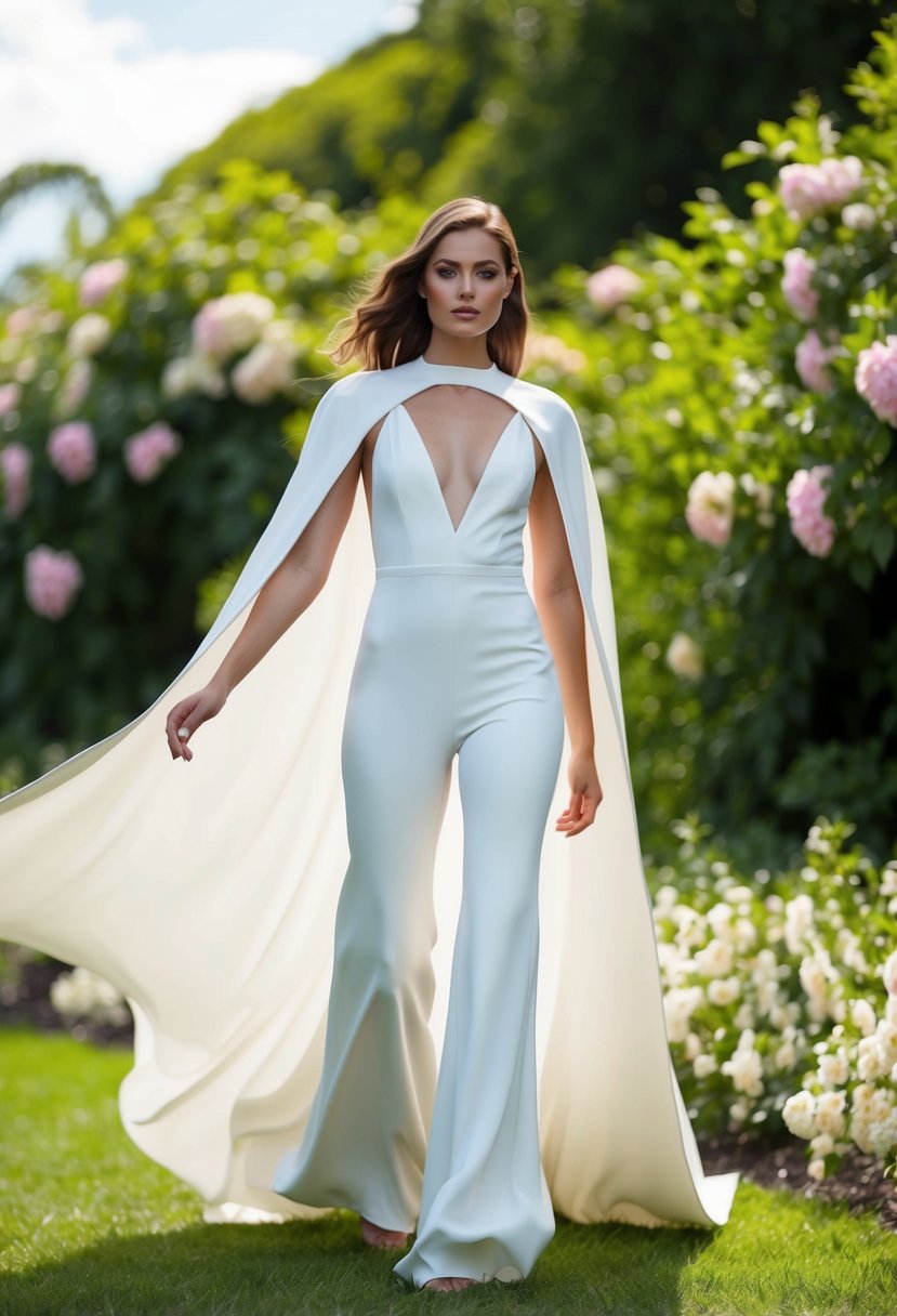 A flowing white jumpsuit with a dramatic cape billows in the wind, set against a backdrop of lush greenery and blooming flowers