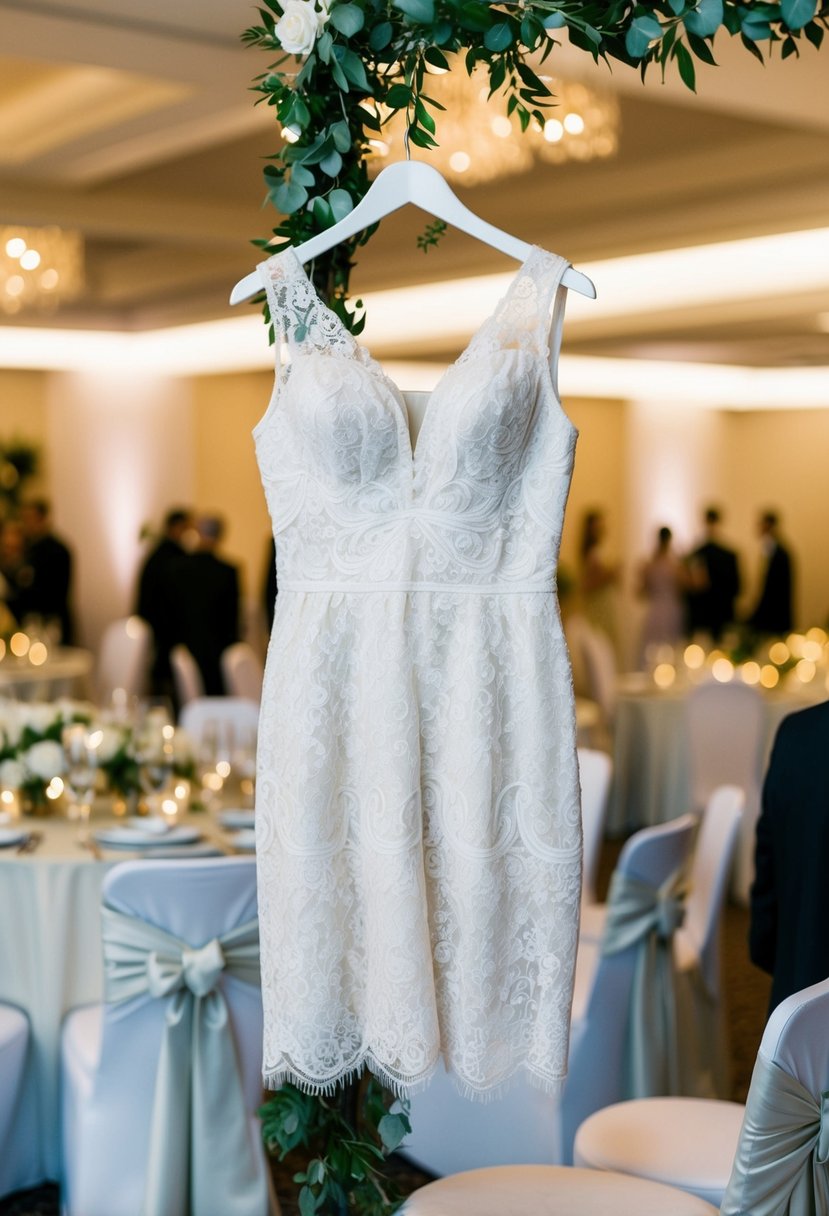 A short tight lace dress hangs on a mannequin, surrounded by elegant reception decor