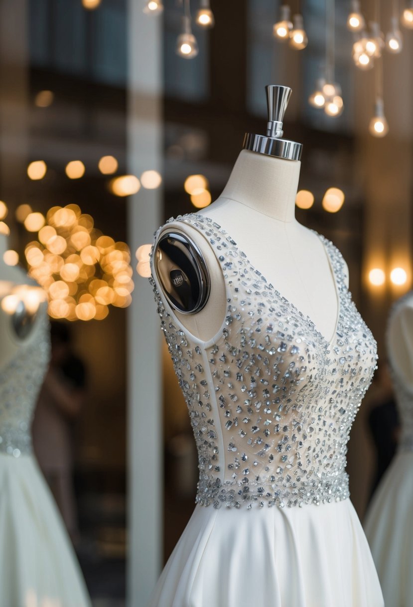 A cap sleeve dress with crystal embellishments hangs on a sleek mannequin, catching the light in a bridal boutique window display