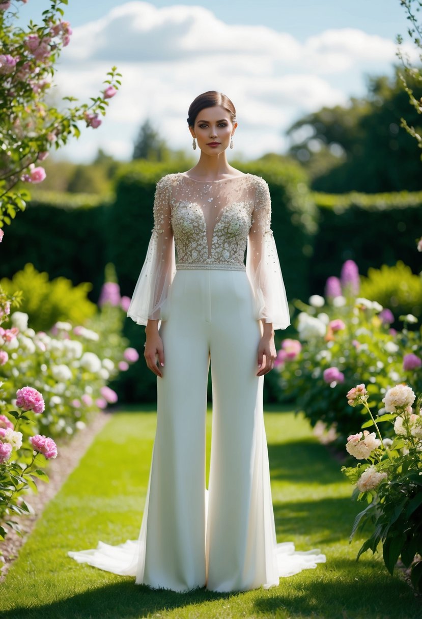 A bride stands in a garden, wearing an embellished tulle sleeve jumpsuit, surrounded by blooming flowers and lush greenery