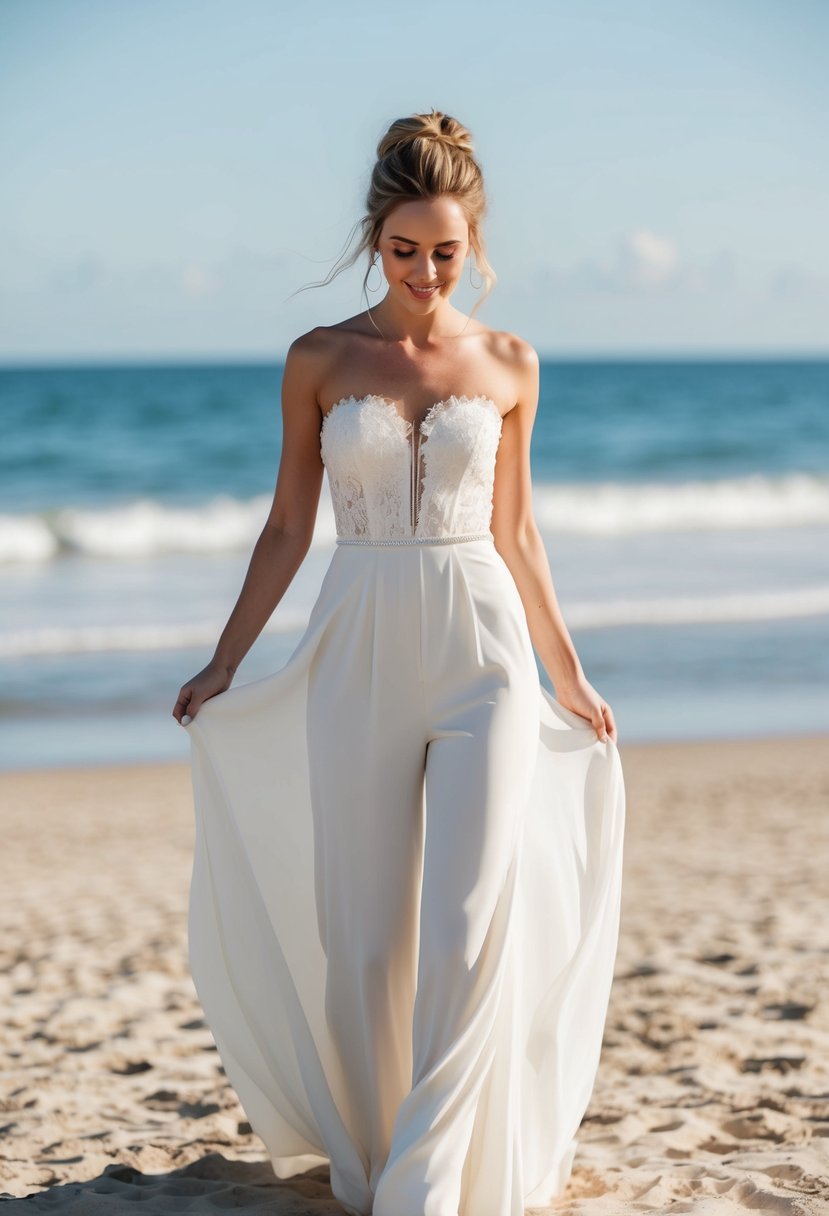 A bride stands on a sunlit beach, wearing a flowing crepe strapless jumpsuit with delicate lace details, her hair swept up in a loose bun