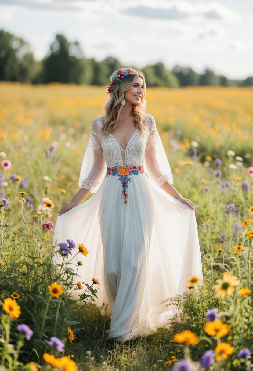 A bride standing in a field of wildflowers wearing a flowing, bohemian-style dress with intricate lace details and colorful floral accents