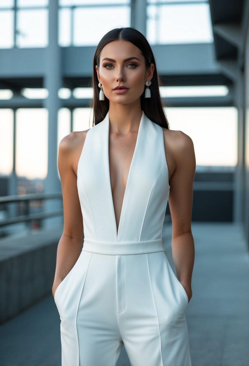 A sleek, white jumpsuit with clean lines and minimalist details, set against a backdrop of modern, industrial architecture