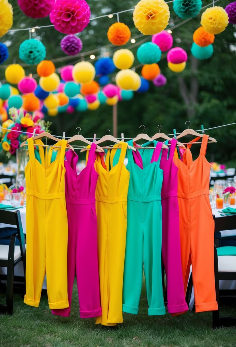 A group of vibrant jumpsuits hanging on a clothesline, surrounded by bold and colorful wedding decor