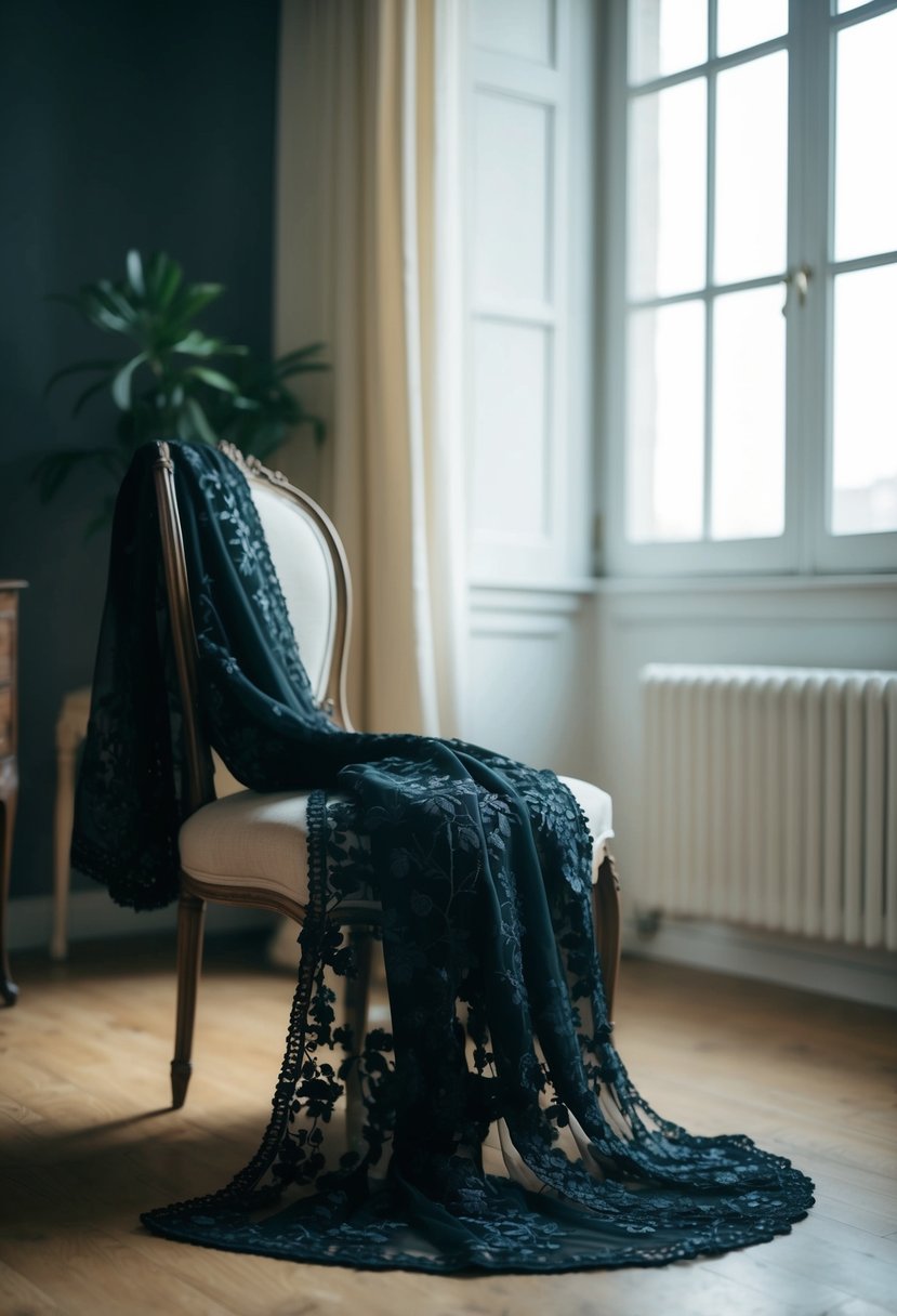 A black floral embroidered gown draped over a vintage chair in a dimly lit room with soft natural light streaming in from a nearby window