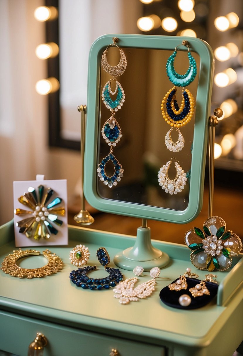 A vintage vanity table with a mirror, adorned with an array of 70s-inspired wedding earrings in various styles and colors