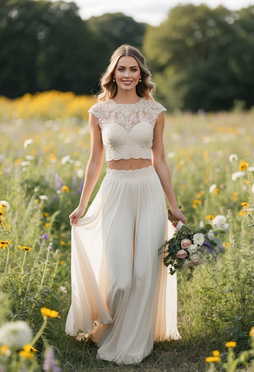 A bride in a beige lace two-piece set stands in a field of wildflowers, with a flowing skirt and cropped top, surrounded by nature