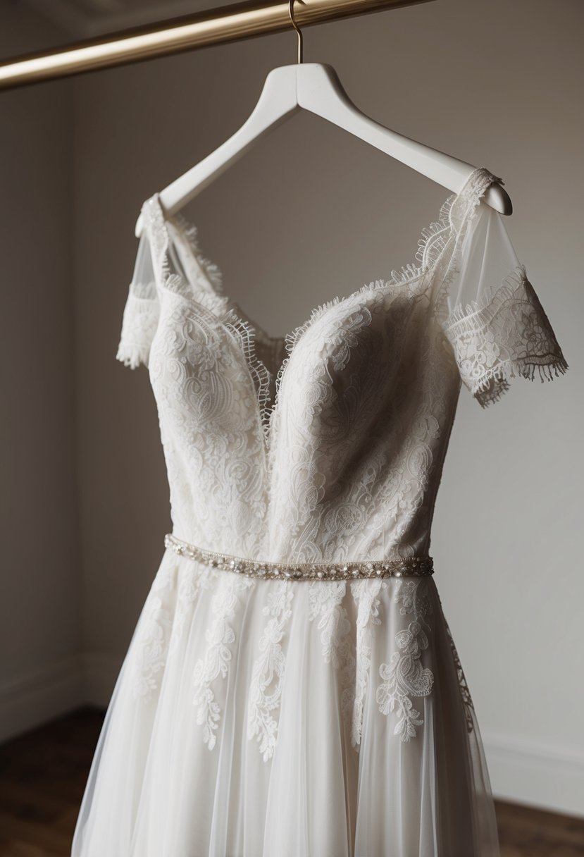 A lace romper wedding dress hangs on a hanger, off-the-shoulder, with intricate lace detailing and a flowing, airy silhouette