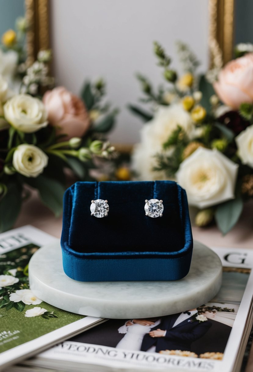 Two diamond stud earrings on a velvet display, surrounded by vintage wedding magazines and floral arrangements