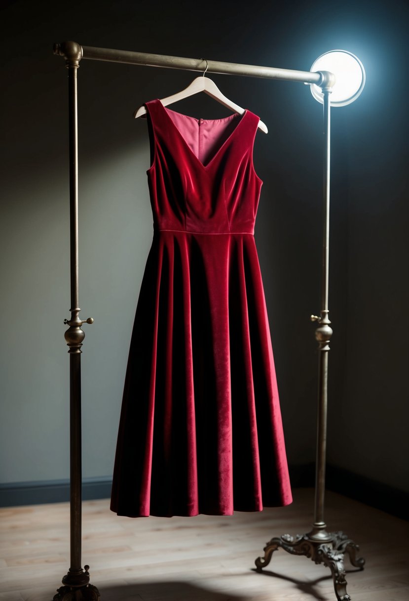 A red velvet A-line dress hanging on a vintage coat rack in a dimly lit room with a single spotlight shining on it