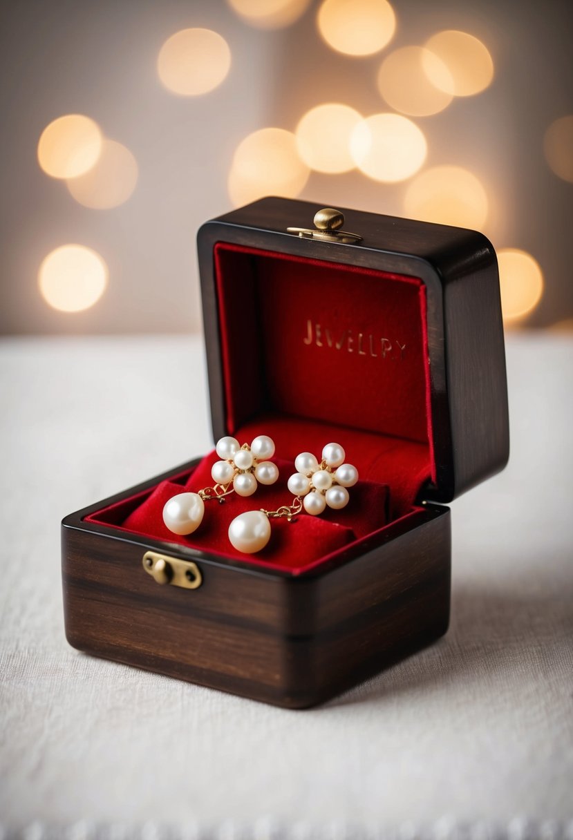 A vintage-style wooden jewelry box open to display pearl cluster drop earrings